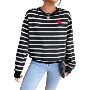 imageFloerns Womens Drop Shoulder Striped Long Sleeve SweatshirtBlack Red Heart