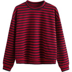 imageFloerns Womens Drop Shoulder Striped Long Sleeve SweatshirtBlack and Red