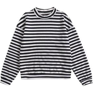 imageFloerns Womens Drop Shoulder Striped Long Sleeve SweatshirtNavy