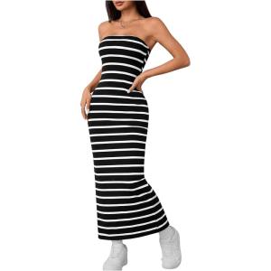 imageFloerns Womens Sleeveless Tube Top Sexy Strapless Bodycon Maxi Club DressBlack Striped