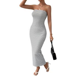 imageFloerns Womens Sleeveless Tube Top Sexy Strapless Bodycon Maxi Club DressBlack and White