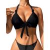 imageFloerns Womens Tie Front Floral Appliques Deep V Neck Backless Halter Bikini TopsBlack
