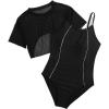 imageFloerns Girls Spaghetti Strap One Piece Swimsuit with Short Sleeve Mesh Cover UpBlack