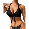 imageFloerns Womens Tie Front Floral Appliques Deep V Neck Backless Halter Bikini TopsBlack