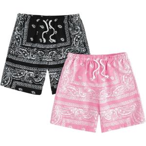 imageFloerns Boys 2 Pcs Boho Paisley Print Drawstring Waist Summer Beach Shorts with PocketsPink