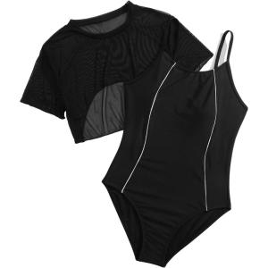 imageFloerns Girls Spaghetti Strap One Piece Swimsuit with Short Sleeve Mesh Cover UpBlack