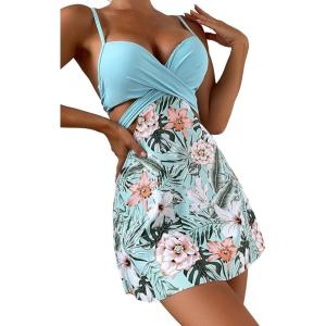 imageFloerns Womens 2 Piece Floral Print Wrap Cutout Bathing Suit Skirtini with BottomsA Blue