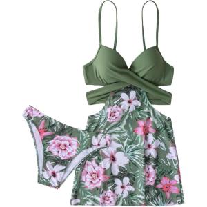 imageFloerns Womens 2 Piece Floral Print Wrap Cutout Bathing Suit Skirtini with BottomsArmy Green