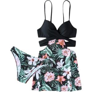 imageFloerns Womens 2 Piece Floral Print Wrap Cutout Bathing Suit Skirtini with BottomsBlack