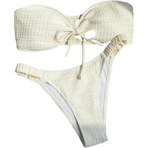 imageFloerns Womens Bathing Suit Tie Front Strapless Bandeau 2 Piece Bikini Swimsuit Beige Medium