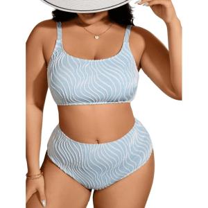 imageFloerns Womens Plus Size Bikini Sets Striped Print High Waist Bathing SuitLight Blue