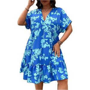 imageFloerns Womens Plus Size Wrap V Neck Short Sleeve Ruffle Hem A Line Short DressBlue Leaf