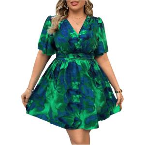 imageFloerns Womens Plus Size Wrap V Neck Short Sleeve Ruffle Hem A Line Short DressGreen and Blue