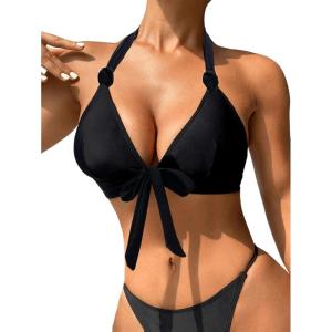 imageFloerns Womens Tie Front Floral Appliques Deep V Neck Backless Halter Bikini TopsBlack
