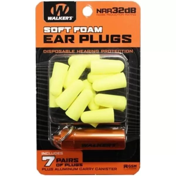 Walker's Soft Foam Disposable Ear Plugs 7 Pair with Metal Carry Canister NRR32