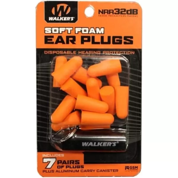 Walker's Soft Foam Disposable Ear Plugs 7 Pair with Metal Carry Canister NRR32