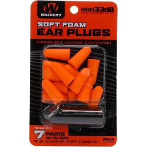 imageWalkers 33dB NoiseCanceling Hearing Safety Protection Range Shooting Hunting Work Soft Comfortable Adaptable Foam Earplugs 7 Pairs ampamp Aluminum Carry CanisterOrange