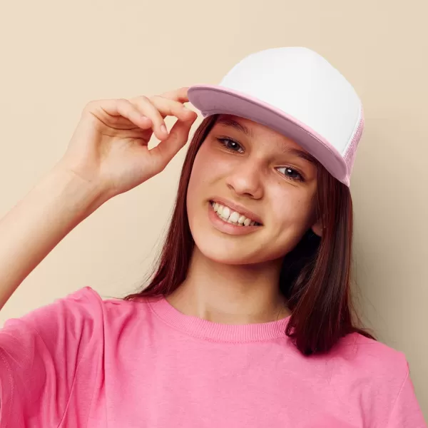 DALIX Flat Billed Trucker Hat Mesh Back S M L Adjustable Cap Solid Two Toned Snapback