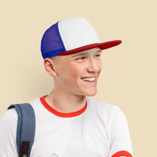 DALIX Flat Billed Trucker Hat Mesh Back S M L Adjustable Cap Solid Two Toned Snapback