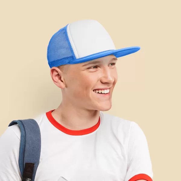 DALIX Flat Billed Trucker Hat Mesh Back S M L Adjustable Cap Solid Two Toned Snapback