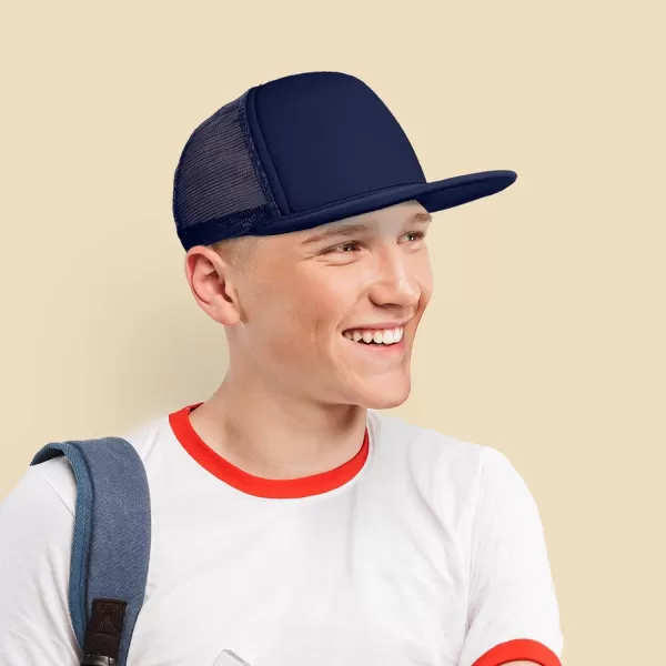 DALIX Flat Billed Trucker Hat Mesh Back S M L Adjustable Cap Solid Two Toned Snapback