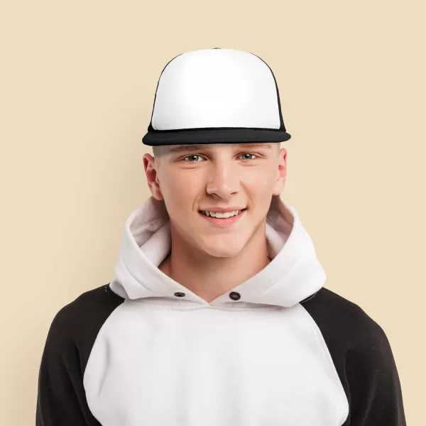 DALIX Flat Billed Trucker Hat Mesh Back S M L Adjustable Cap Solid Two Toned Snapback