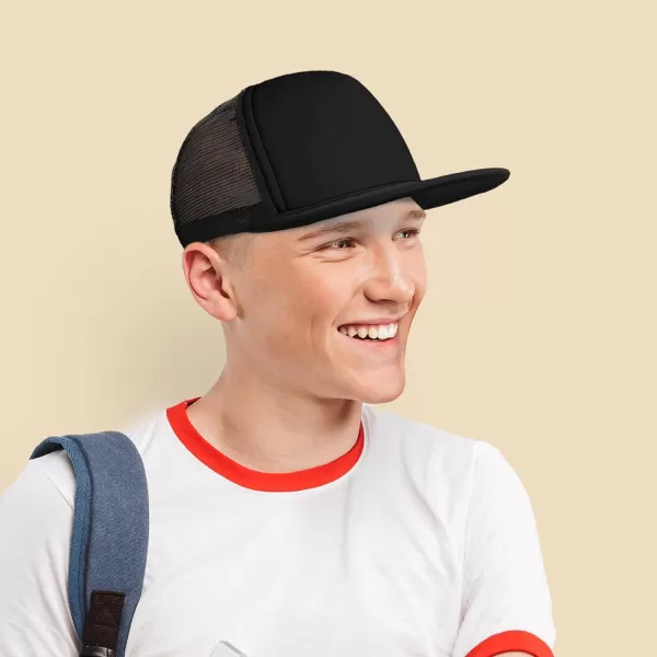 DALIX Flat Billed Trucker Hat Mesh Back S M L Adjustable Cap Solid Two Toned Snapback