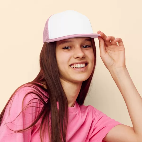 DALIX Flat Billed Trucker Hat Mesh Back S M L Adjustable Cap Solid Two Toned Snapback