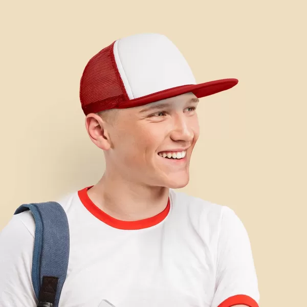 DALIX Flat Billed Trucker Hat Mesh Back S M L Adjustable Cap Solid Two Toned Snapback