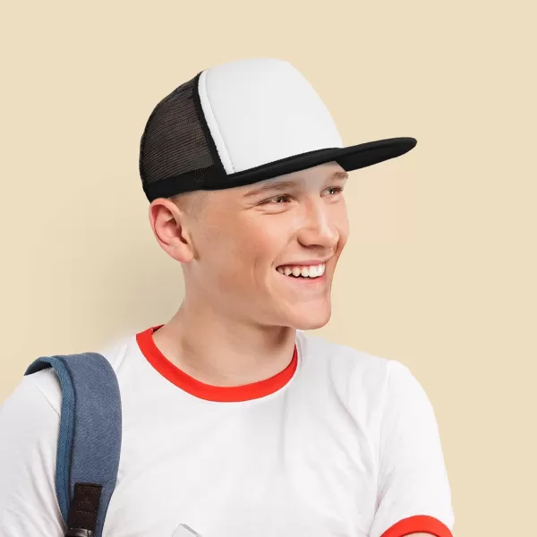 DALIX Flat Billed Trucker Hat Mesh Back S M L Adjustable Cap Solid Two Toned Snapback