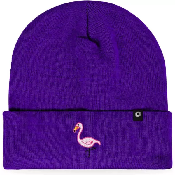 DALIX Embroidered Flamingo Beanie Cap Cuffed Knit Hat Women
