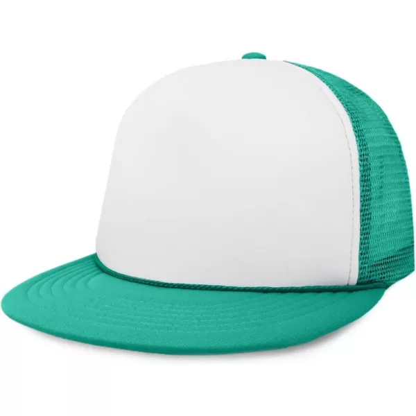 DALIX Flat Billed Trucker Hat Mesh Back S M L Adjustable Cap Solid Two Toned Snapback