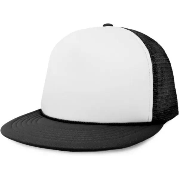 DALIX Flat Billed Trucker Hat Mesh Back S M L Adjustable Cap Solid Two Toned Snapback