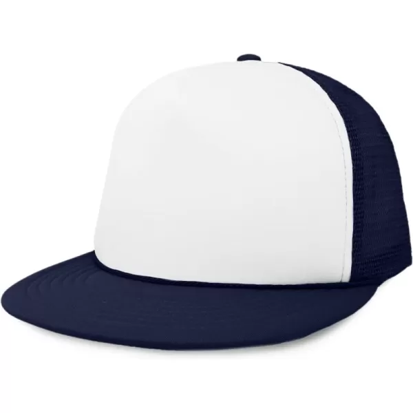 DALIX Flat Billed Trucker Hat Mesh Back S M L Adjustable Cap Solid Two Toned Snapback