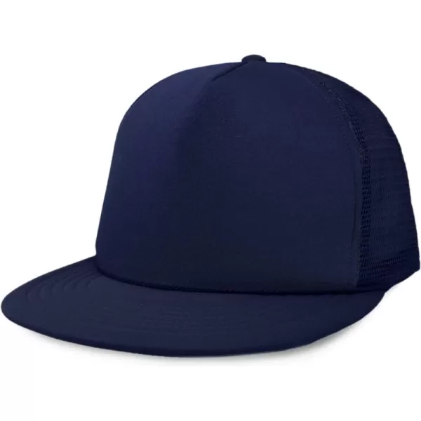 DALIX Flat Billed Trucker Hat Mesh Back S M L Adjustable Cap Solid Two Toned Snapback