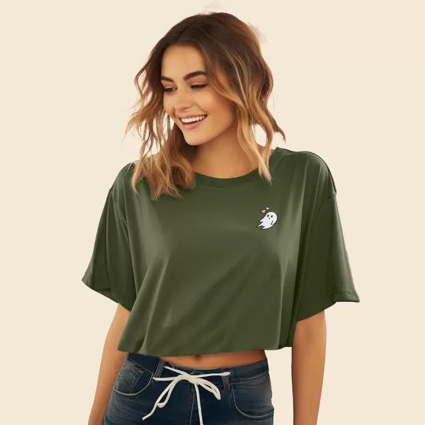 DALIX Heartly Ghost Embroidered Cropped Relaxed Cropped Soft Lightweight Loose T Shirt Womens