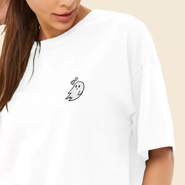 DALIX Heartly Ghost Embroidered Cropped Relaxed Cropped Soft Lightweight Loose T Shirt Womens