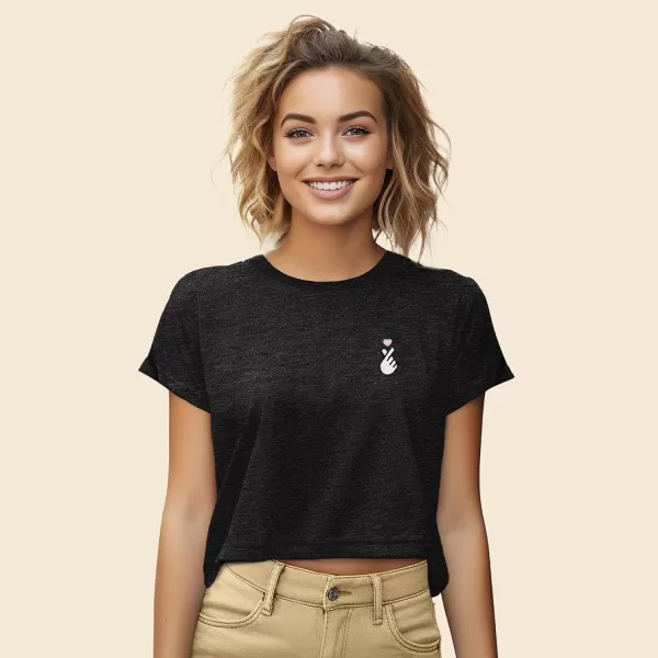 DALIX Snap Heart Embroidered Cropped Flowy Soft Cotton Short Sleeve T Shirt Womens