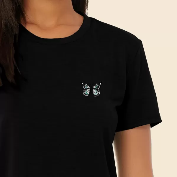 DALIX Butterfly Embroidered Cropped Flowy Soft Cotton Short Sleeve T Shirt Womens