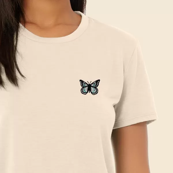 DALIX Butterfly Embroidered Cropped Flowy Soft Cotton Short Sleeve T Shirt Womens