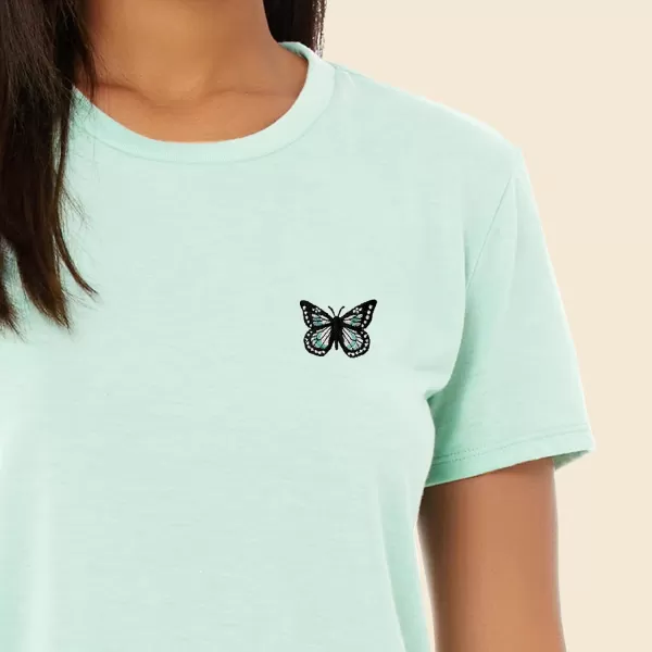 DALIX Butterfly Embroidered Cropped Flowy Soft Cotton Short Sleeve T Shirt Womens