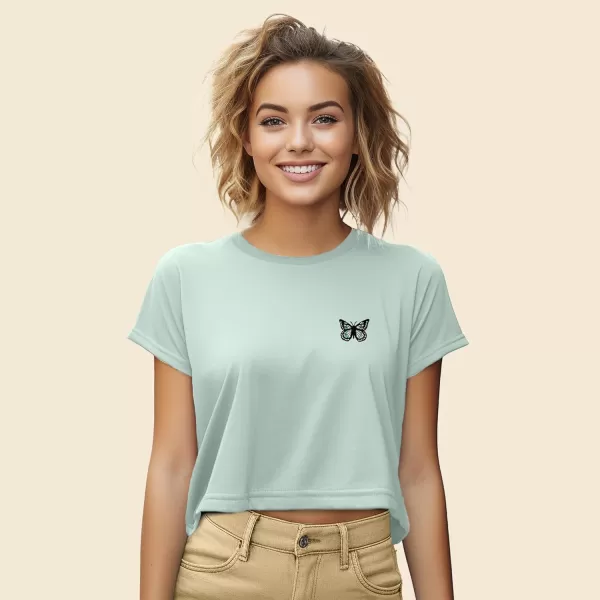 DALIX Butterfly Embroidered Cropped Flowy Soft Cotton Short Sleeve T Shirt Womens