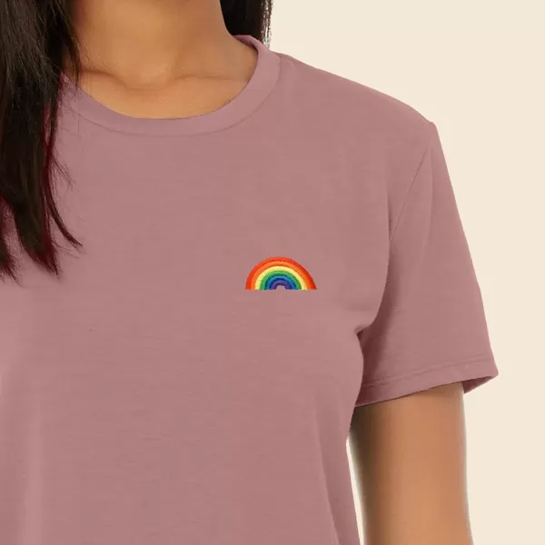 DALIX Rainbow Embroidered Cropped Flowy Soft Cotton Short Sleeve T Shirt Womens