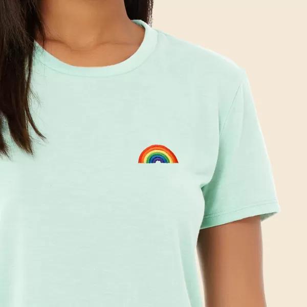 DALIX Rainbow Embroidered Cropped Flowy Soft Cotton Short Sleeve T Shirt Womens
