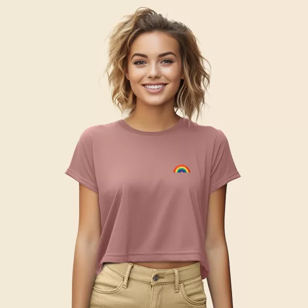 DALIX Rainbow Embroidered Cropped Flowy Soft Cotton Short Sleeve T Shirt Womens