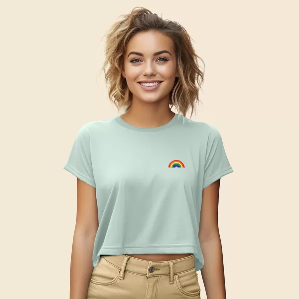 DALIX Rainbow Embroidered Cropped Flowy Soft Cotton Short Sleeve T Shirt Womens