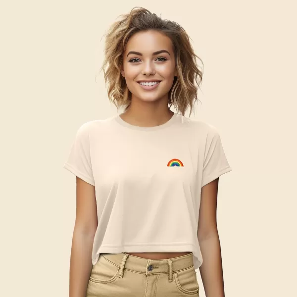 DALIX Rainbow Embroidered Cropped Flowy Soft Cotton Short Sleeve T Shirt Womens