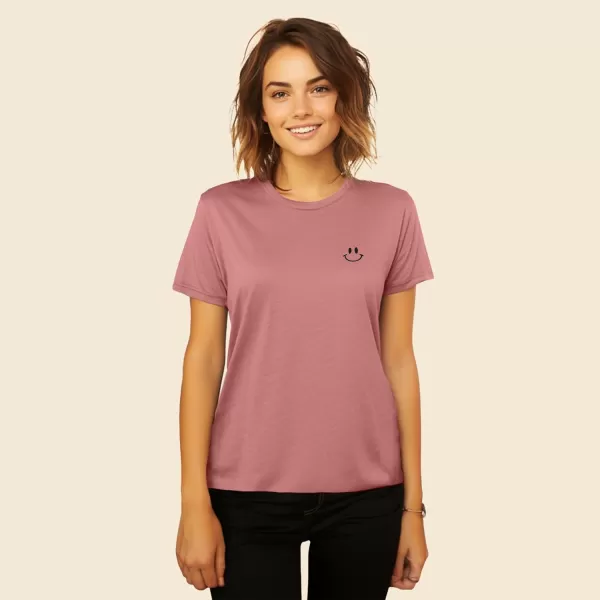 DALIX Smile Face Embroidered Soft Cotton Short Sleeve T Shirt Womens