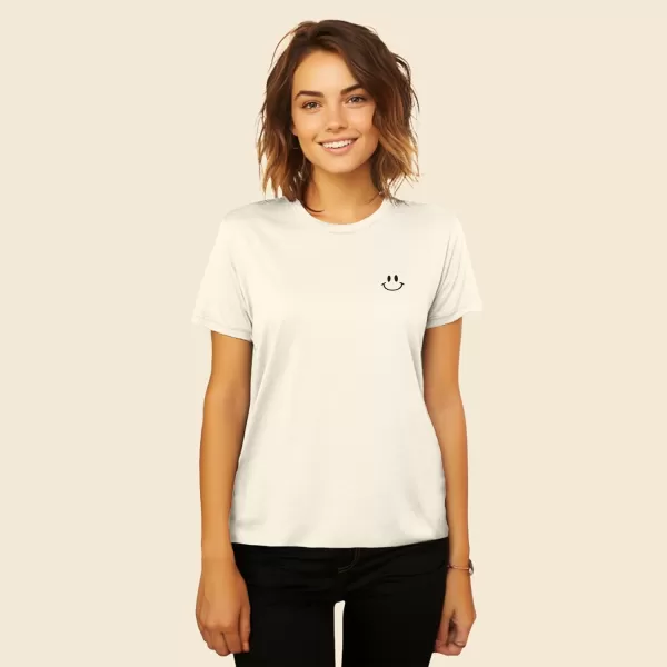 DALIX Smile Face Embroidered Soft Cotton Short Sleeve T Shirt Womens