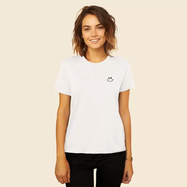 DALIX Smile Face Embroidered Soft Cotton Short Sleeve T Shirt Womens